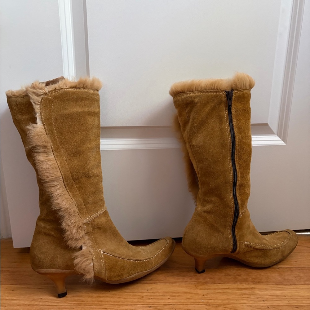 J.K. Acid Italian Suede Boots with Fur Trim and Kitten Heel Y2K